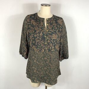 NWOT Liz Claiborne Top S Green Tan Navy Print Boho Peasant Popover Blouse Top